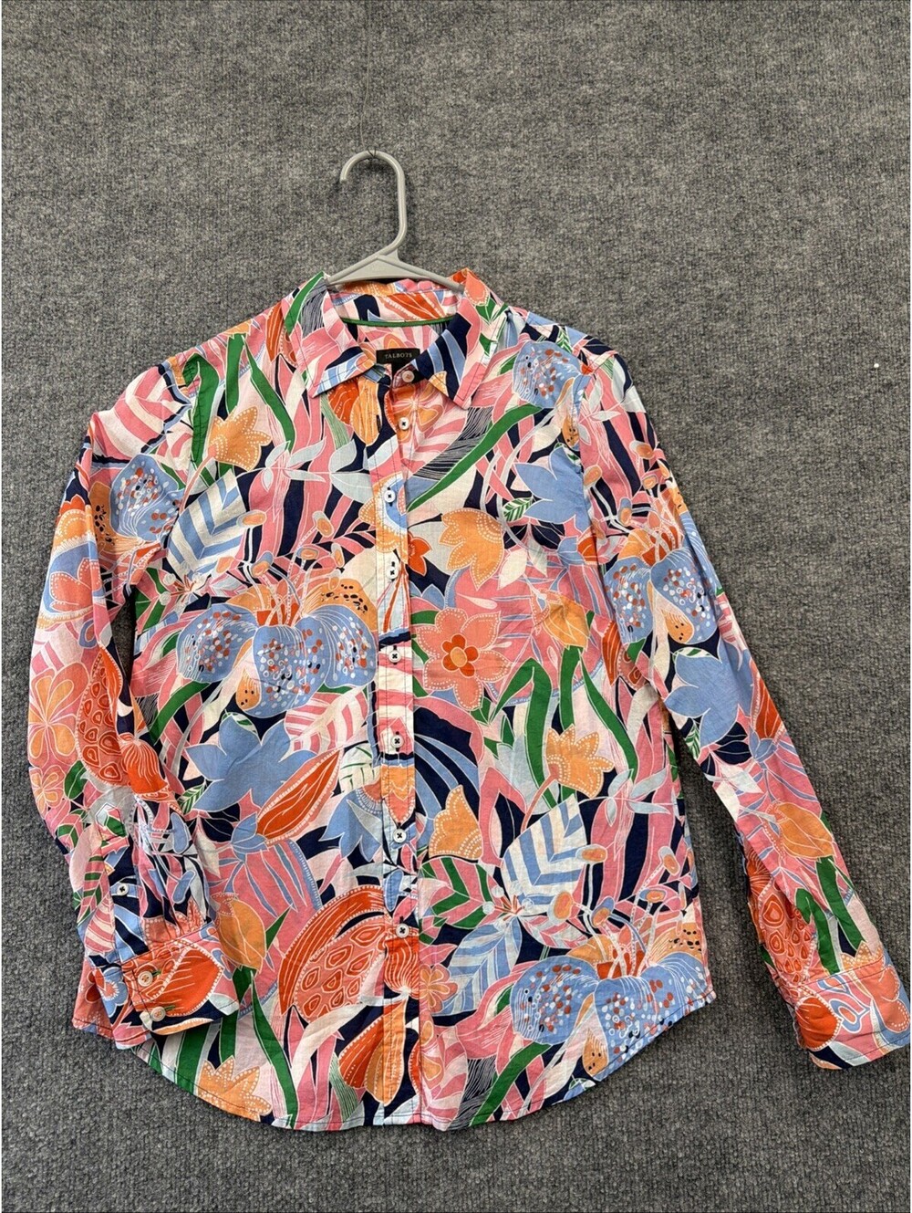 Talbots Pretty Navy Multicolored Floral Long Sleeve Cotton Blouse Xs